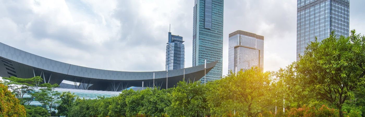 High rise buildings with trees below